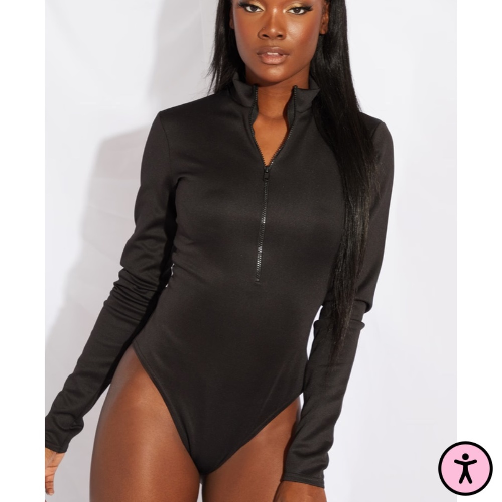 PrettyLittleThing Black Long Sleeve Zip Front Bodysuit